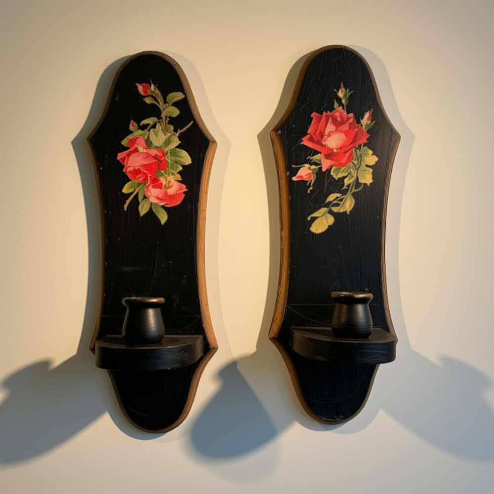 Upcycled Floral Wooden Candle Sconces, Dark Moody Wall Decor